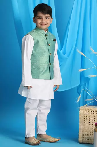 green and white jacket, kurta and pyjama set