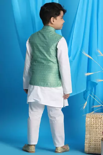 green and white jacket, kurta and pyjama set