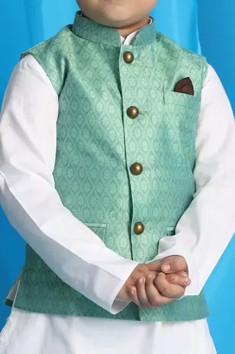 green and white jacket, kurta and pyjama set