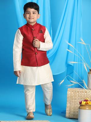 maroon and cream jacket, kurta and pyjama set 1