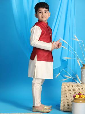 maroon and cream jacket, kurta and pyjama set 2