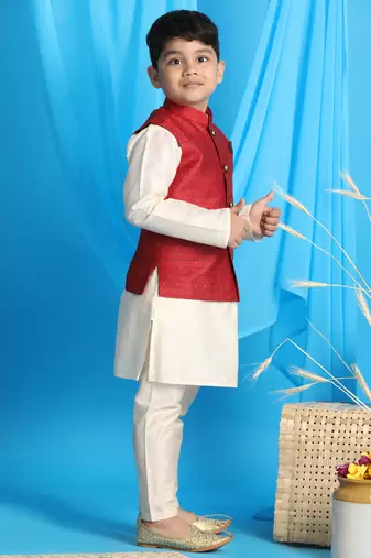 maroon and cream jacket, kurta and pyjama set