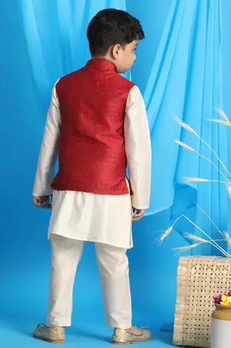 maroon and cream jacket, kurta and pyjama set