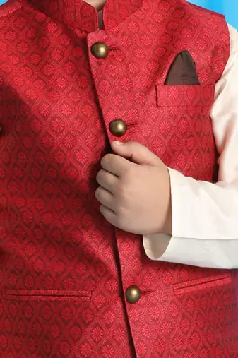 maroon and cream jacket, kurta and pyjama set