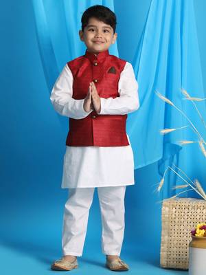 maroon and white jacket, kurta and pyjama set 1