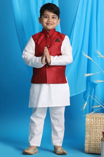  boys' maroon and white jacket, kurta and pyjama set