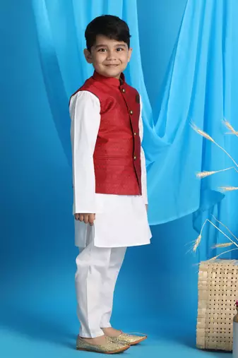 maroon and white jacket, kurta and pyjama set