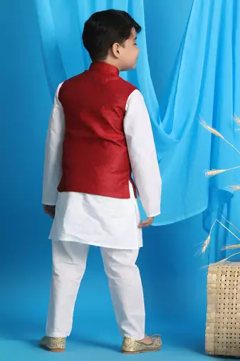 maroon and white jacket, kurta and pyjama set