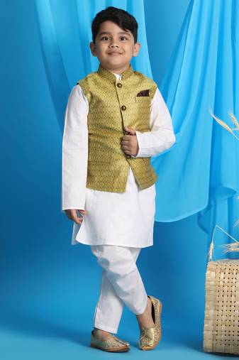  boys' yellow and white jacket, kurta and pyjama set