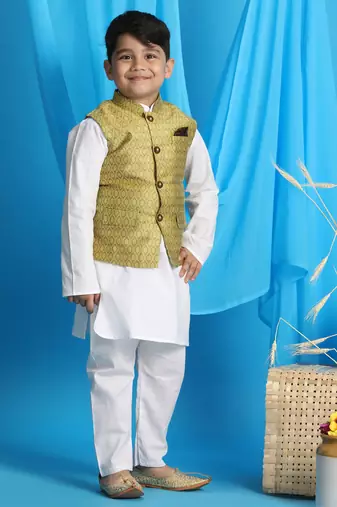 yellow and white jacket, kurta and pyjama set