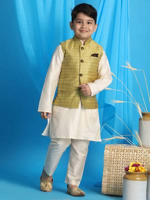 yellow and cream nehru jacket, kurta and pyjama set 1