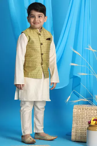 yellow and cream nehru jacket, kurta and pyjama set