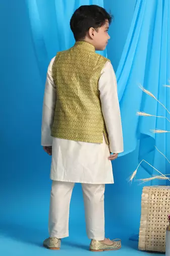 yellow and cream nehru jacket, kurta and pyjama set