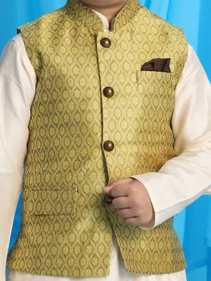 yellow and cream nehru jacket, kurta and pyjama set 4