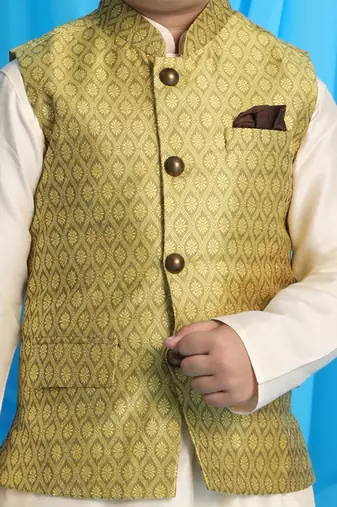 yellow and cream nehru jacket, kurta and pyjama set