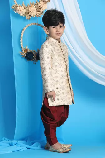 beige and maroon sherwani set