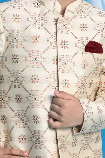 beige and maroon sherwani set
