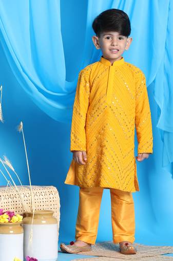 Shrestha by  boys' yellow kurta pyjama set