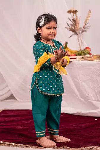 girls' green kurta and patiala set