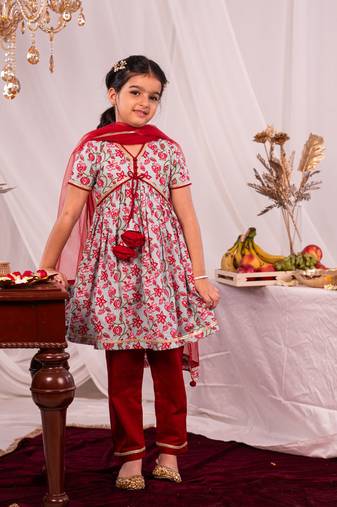  girls' aqua and red kurta and pant set