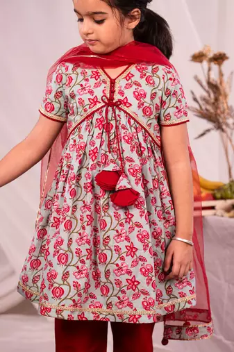  girls' aqua and red kurta and pant set