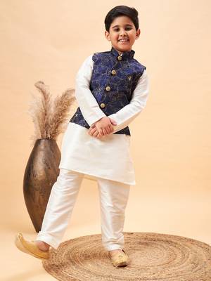 navy blue and cream jacket, kurta and pyjama set 1