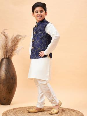 navy blue and cream jacket, kurta and pyjama set 2