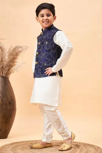 navy blue and cream jacket, kurta and pyjama set
