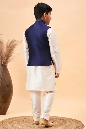 navy blue and cream jacket, kurta and pyjama set