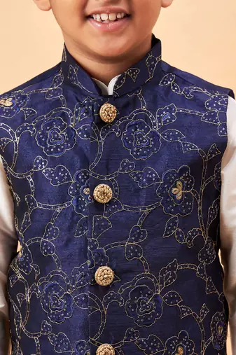 navy blue and cream jacket, kurta and pyjama set