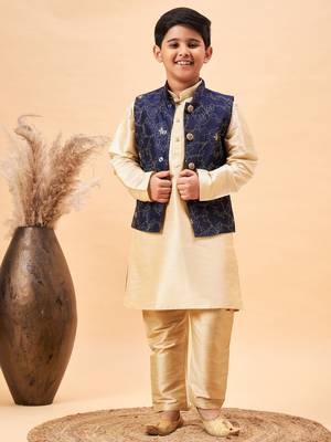 navy blue and gold jacket, kurta and pyjama set 1