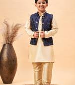 navy blue and gold jacket, kurta and pyjama set