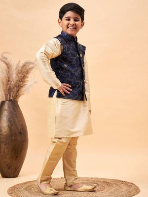 navy blue and gold jacket, kurta and pyjama set 2