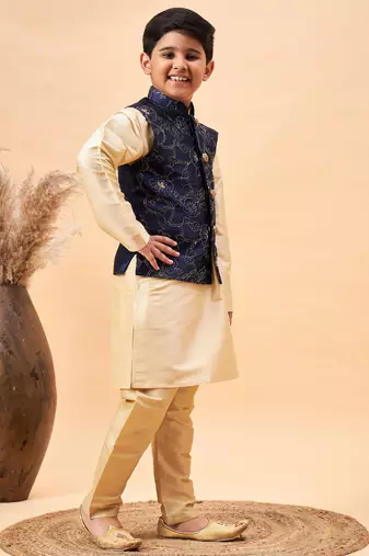navy blue and gold jacket, kurta and pyjama set