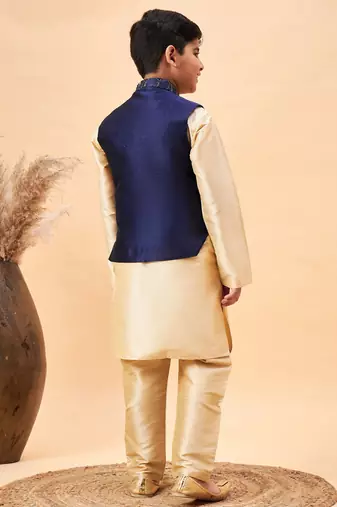navy blue and gold jacket, kurta and pyjama set