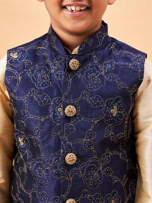 navy blue and gold jacket, kurta and pyjama set 4