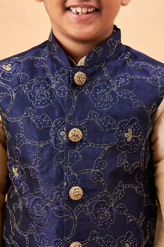 navy blue and gold jacket, kurta and pyjama set