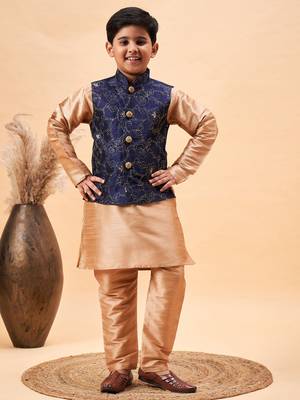 navy blue and rose gold nehru jacket, kurta and pyjama set 1