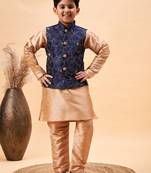 navy blue and rose gold nehru jacket, kurta and pyjama set