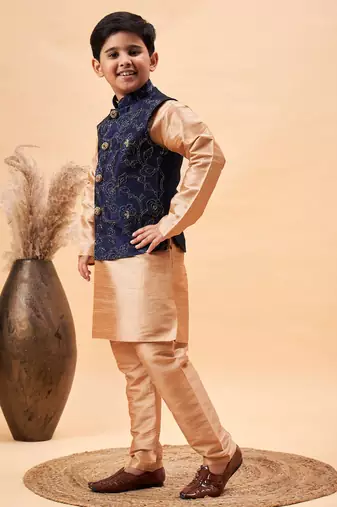 navy blue and rose gold nehru jacket, kurta and pyjama set