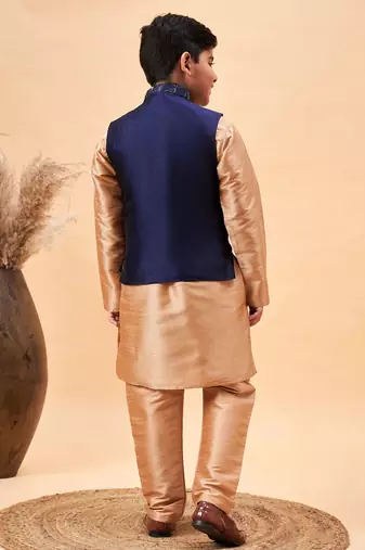 navy blue and rose gold nehru jacket, kurta and pyjama set