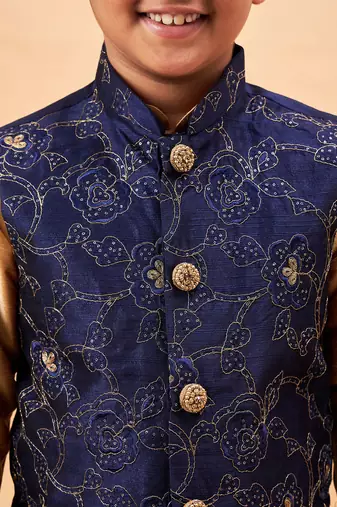 navy blue and rose gold nehru jacket, kurta and pyjama set