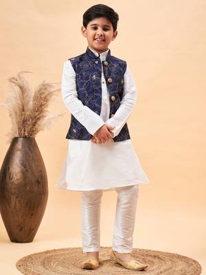 navy blue and white jacket, kurta and pyjama set 1