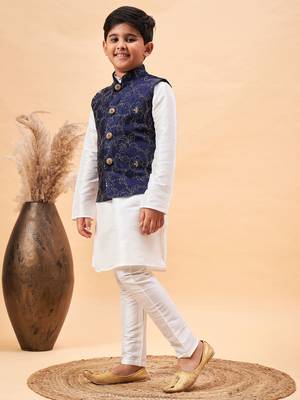 navy blue and white jacket, kurta and pyjama set 2
