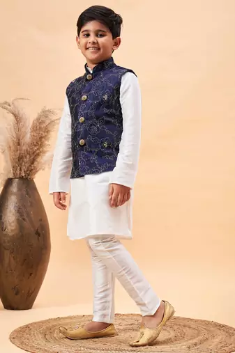 navy blue and white jacket, kurta and pyjama set