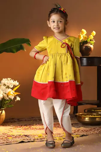 Vastramay girls' yellow and cream dhoti kurta set