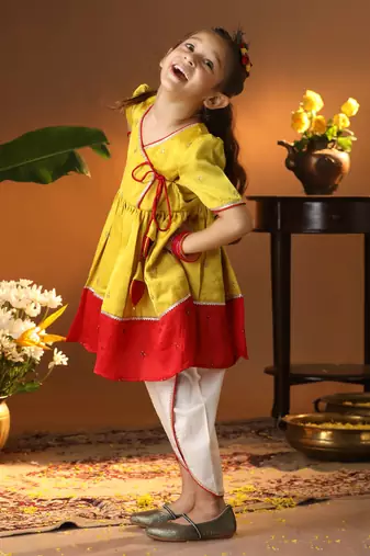 girls' yellow and cream dhoti kurta set