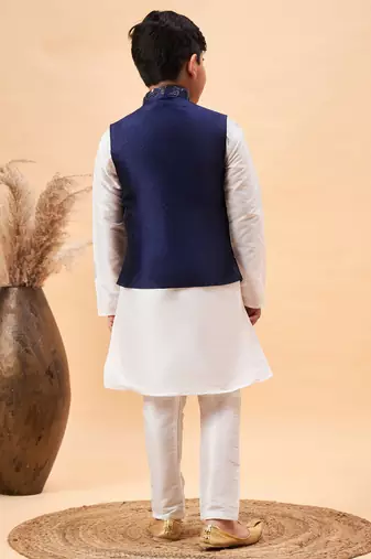 navy blue and white jacket, kurta and pyjama set