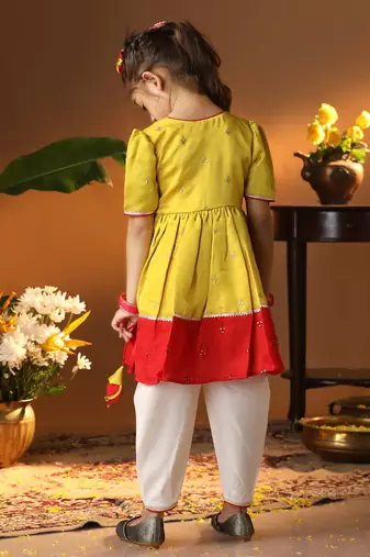girls' yellow and cream dhoti kurta set