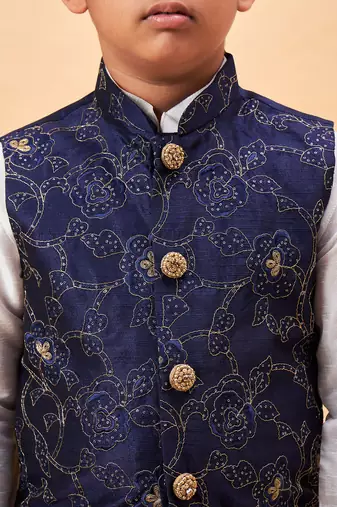 navy blue and white jacket, kurta and pyjama set